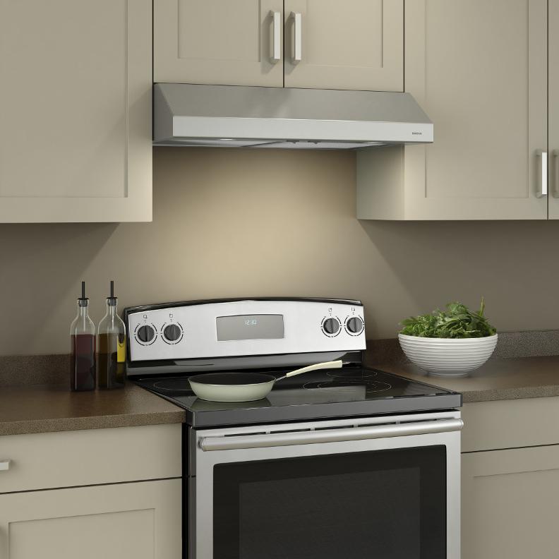 Broan BCSD142SS Glacier range hood, angled view