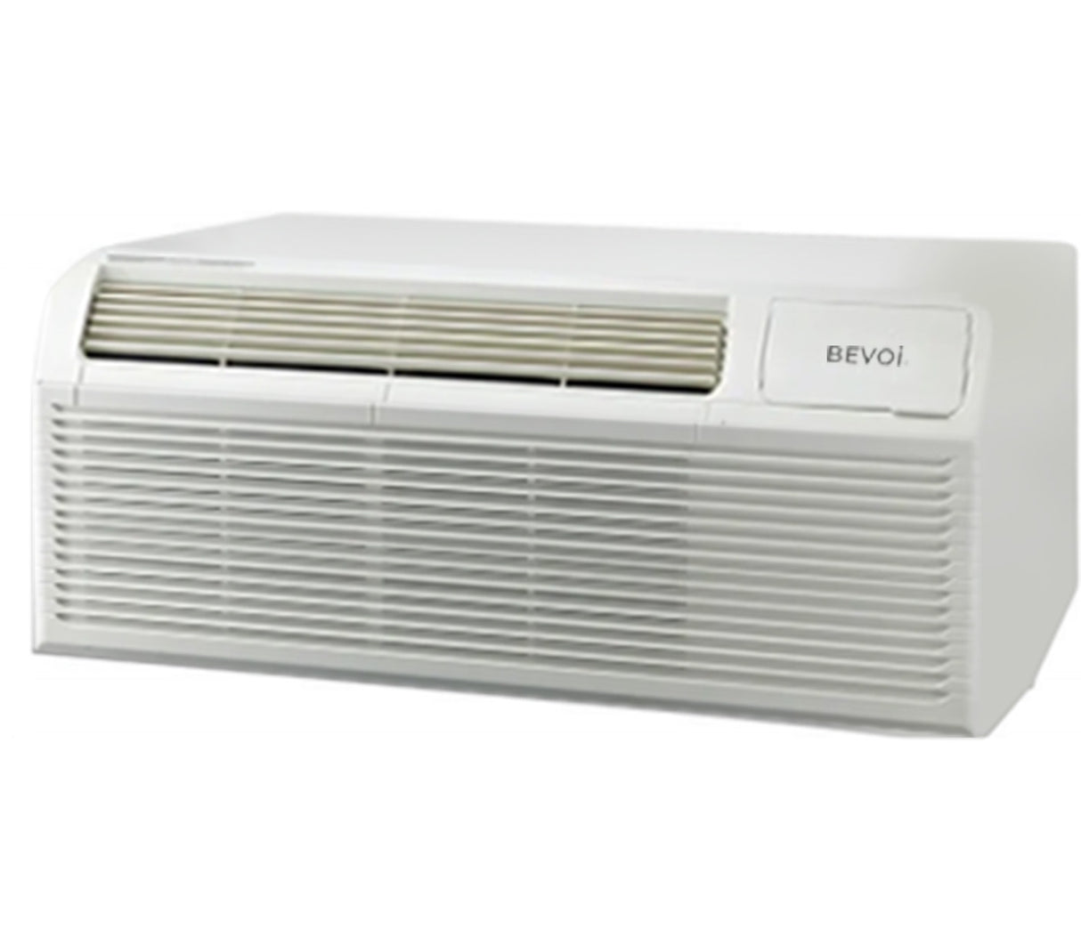 Angled view (right side) of Bevoi 9,000 BTU PTAC air conditioner with heat pump in white
