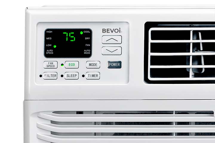 Close up of Bevoi 12,000 BTU energy-efficient window air conditioner with remote.