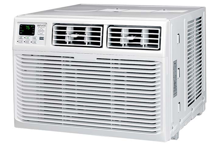 Rigth side angled view of Bevoi 12,000 BTU energy-efficient window air conditioner with remote.