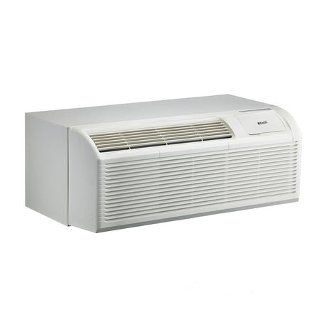 Angled view (left side) of BEVOI 15,000 BTU PTAC Air Conditioner with Heat Pump â€“ 220V in White