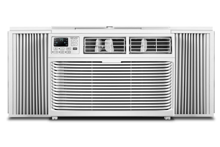 Front view of Bevoi BEV18WiNCC 230V window air conditioner in white with air vents