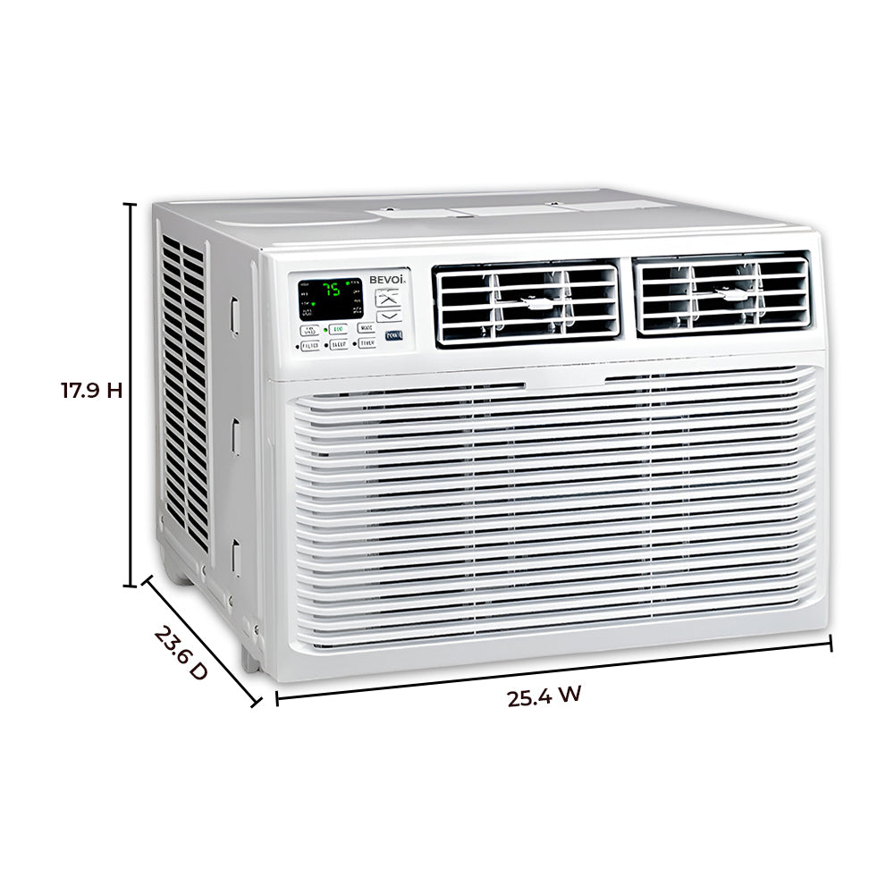 Bevoi BEV18WINHF 18,500 BTU window air conditioner with heat function, left side angled view with product dimensions