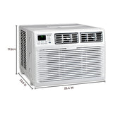Bevoi BEV18WINHF 18,500 BTU window air conditioner with heat function, left side angled view with product dimensions