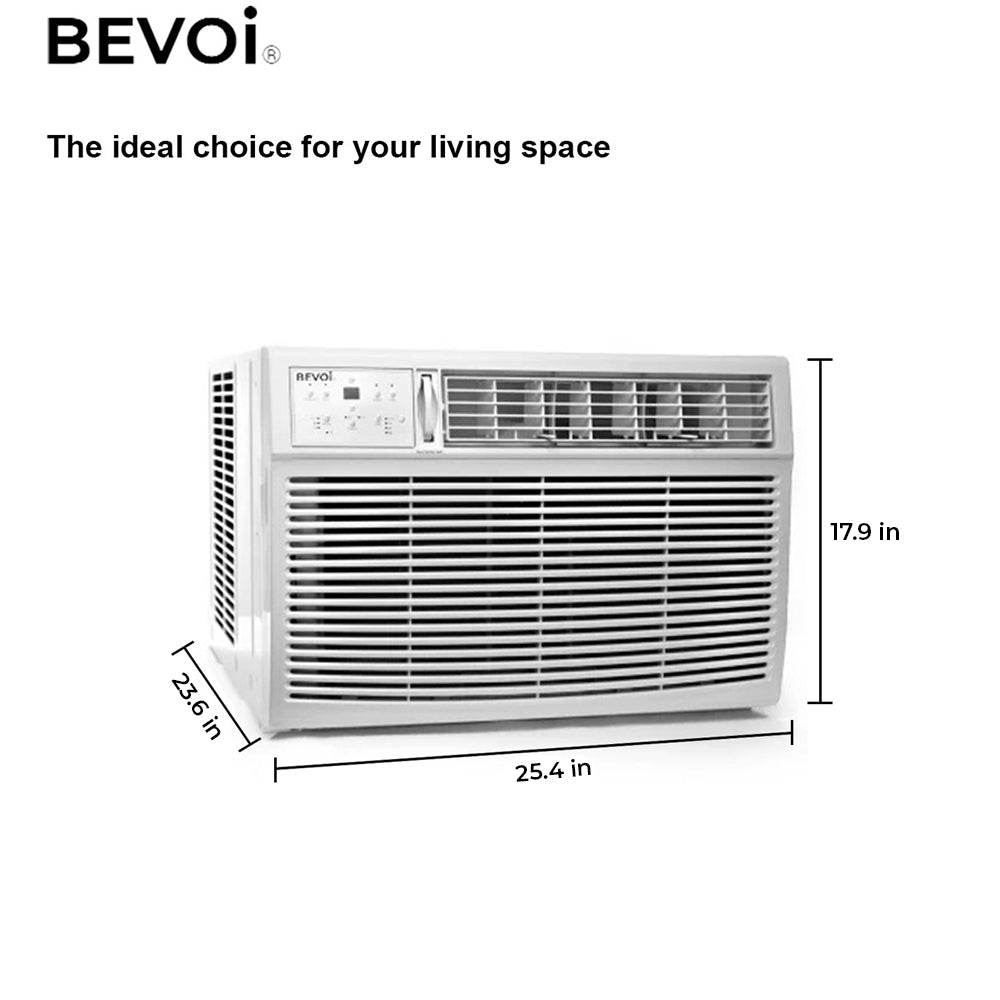 Side angoled view of Bevoi BEV18WiNMiD 230V window AC showing adjustable vents and compact design, with product dimensions