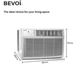 Side angoled view of Bevoi BEV18WiNMiD 230V window AC showing adjustable vents and compact design, with product dimensions