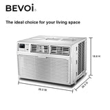 Top side angled view of Bevoi BEV25WINHF window AC with digital controls and air vents, with product dimensions