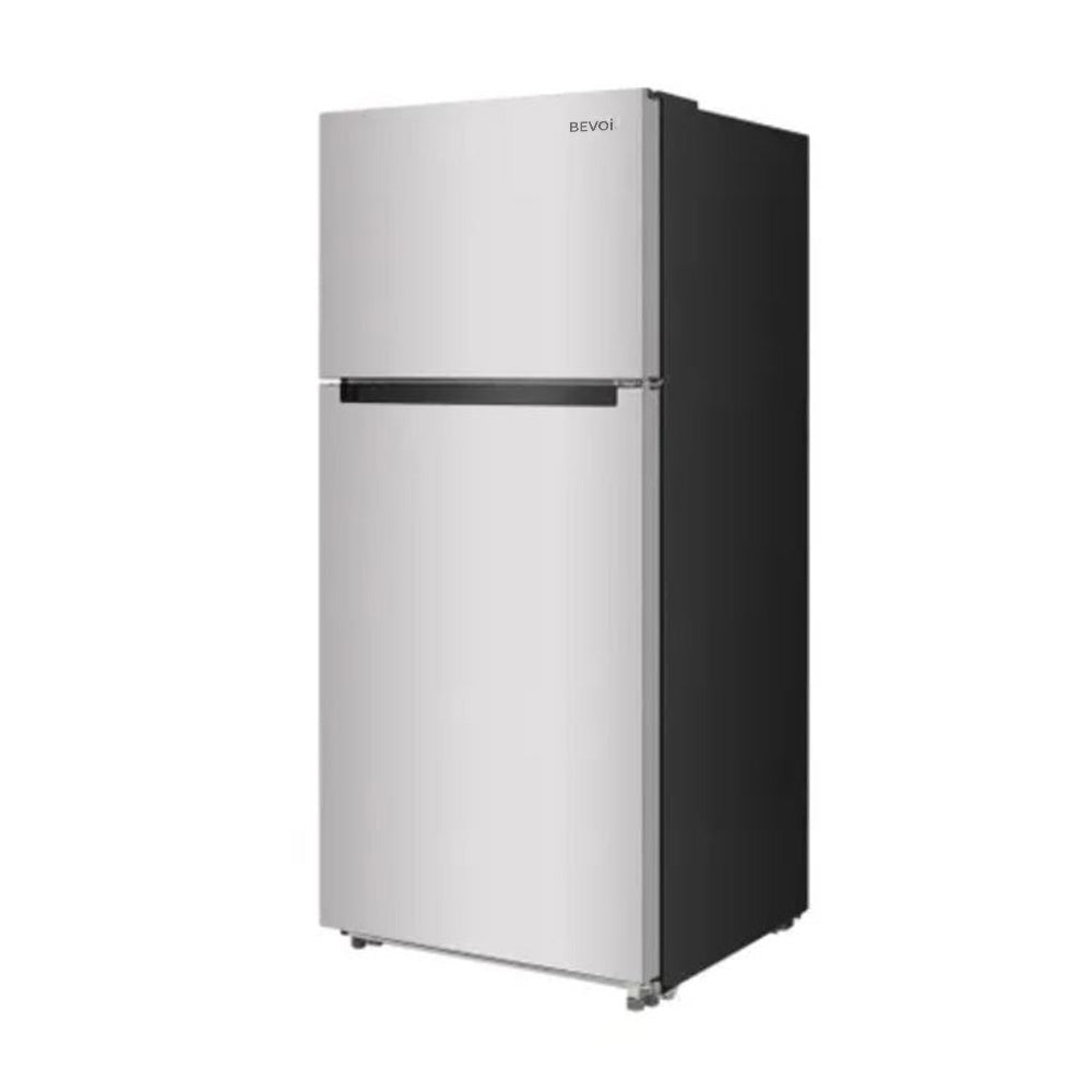Bevoi BVIREF18NHSS refrigerator with doors open showing glass shelves and crisper drawers