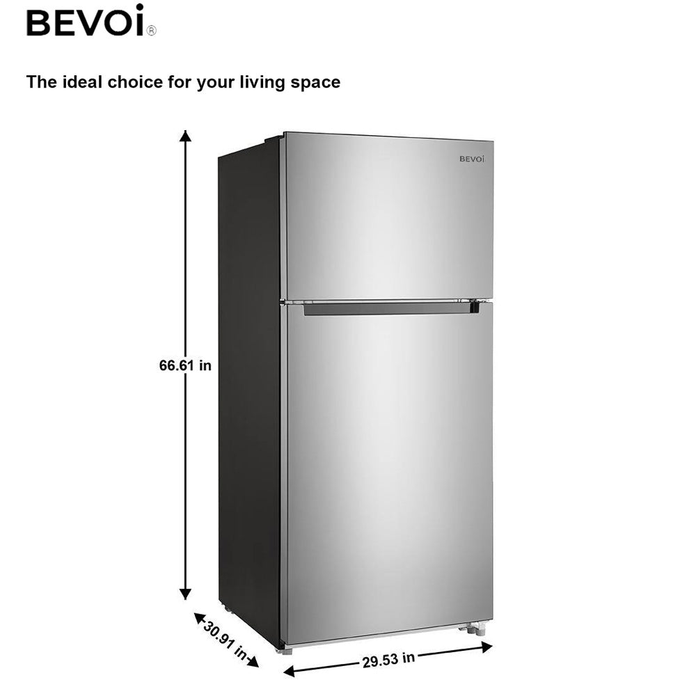 Bevoi BVIREF18NHSS top-mount freezer compartment with wire shelf and baskets