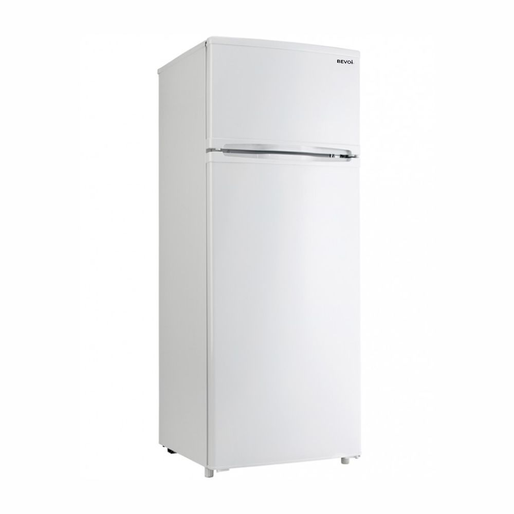 Bevoi BVIREF7W stainless steel top freezer refrigerator – left side angled front perspective 