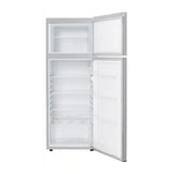 Interior of Bevoi BVIREF7W refrigerator showing adjustable glass shelves and crisper drawer