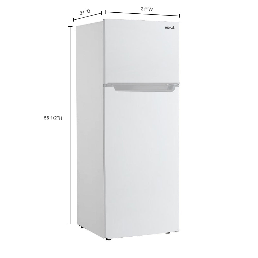 Bevoi BVIREF7W stainless steel top freezer refrigerator – angled front perspective with product dimensions