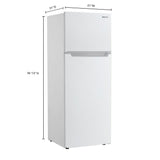 Bevoi BVIREF7W stainless steel top freezer refrigerator – angled front perspective with product dimensions