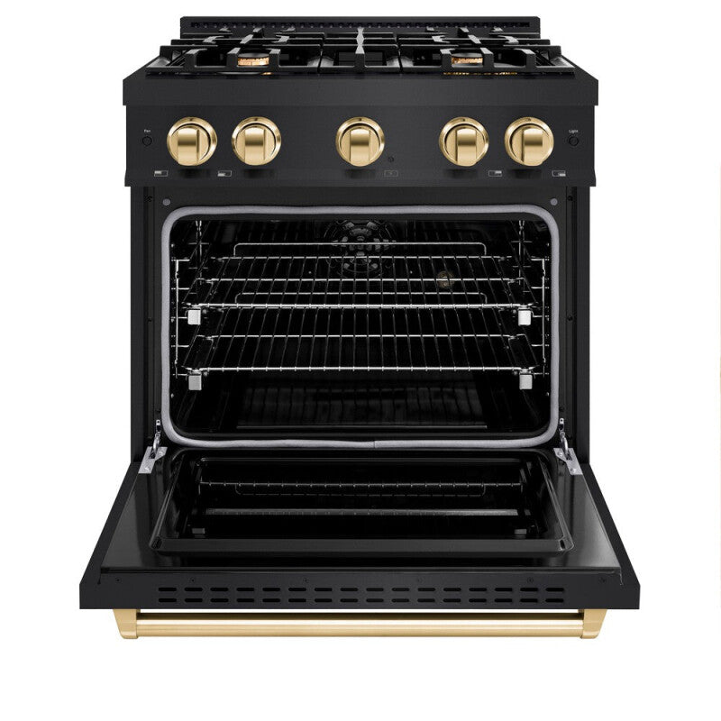 ZLINE Autograph Edition 30 in. 4.2 cu. ft. Classic Dual Fuel Range with 4 Burner Gas Cooktop and Electric Convection Oven in Black Stainless Steel with Polished Gold Accents (CDRBZ-30-G) - (CDRBZ30G) -