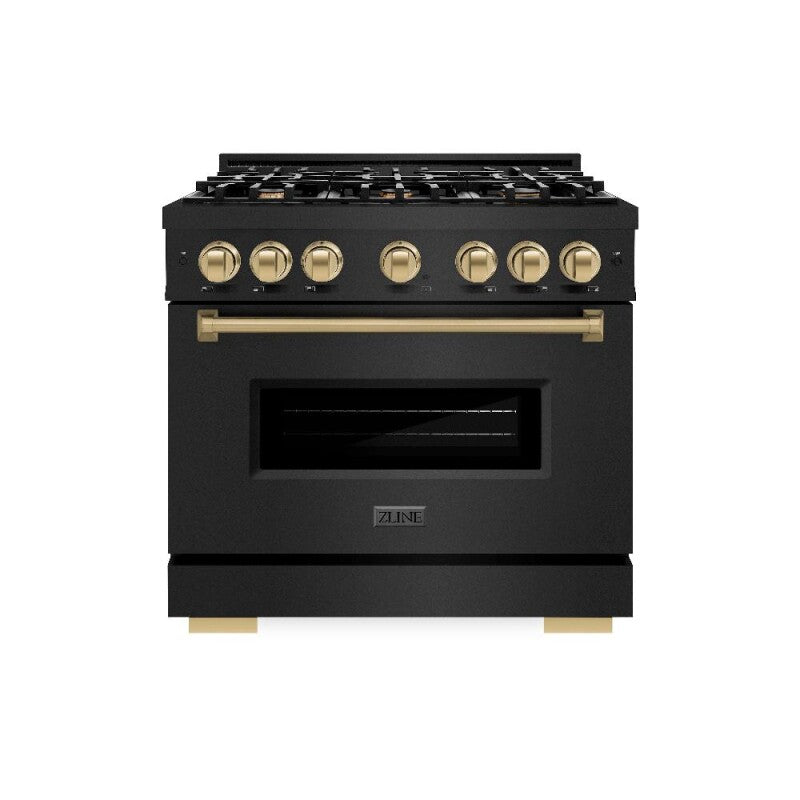 ZLINE Autograph Edition 36 in. 5.2 cu. ft. Classic Dual Fuel Range with 6 Burner Gas Cooktop and Electric Convection Oven in Black Stainless Steel with Champagne Bronze Accents (CDRBZ-36-CB) - (CDRBZ36CB) -