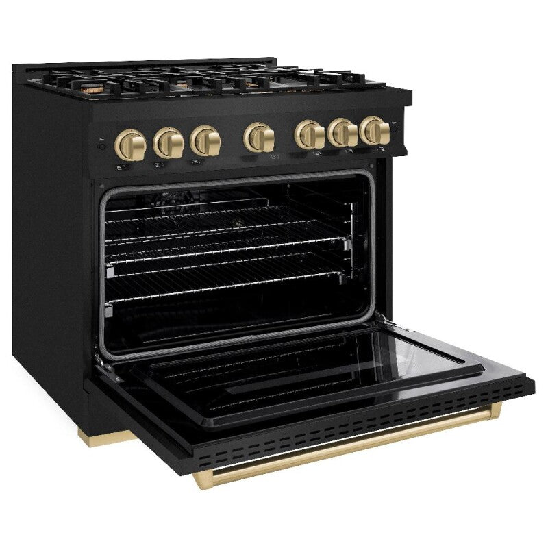 ZLINE Autograph Edition 36 in. 5.2 cu. ft. Classic Dual Fuel Range with 6 Burner Gas Cooktop and Electric Convection Oven in Black Stainless Steel with Champagne Bronze Accents (CDRBZ-36-CB) - (CDRBZ36CB) -