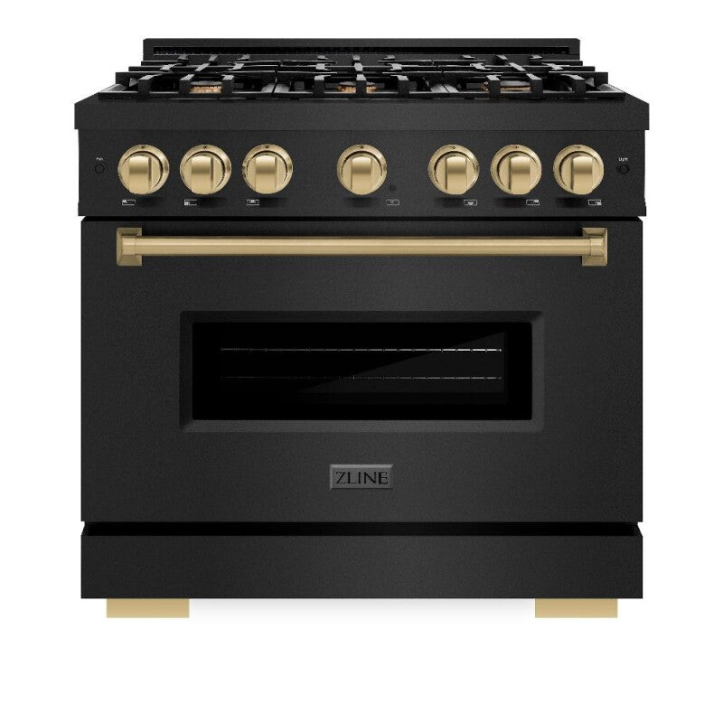 ZLINE Autograph Edition 36 in. 5.2 cu. ft. Classic Dual Fuel Range with 6 Burner Gas Cooktop and Electric Convection Oven in Black Stainless Steel with Champagne Bronze Accents (CDRBZ-36-CB) - (CDRBZ36CB) -
