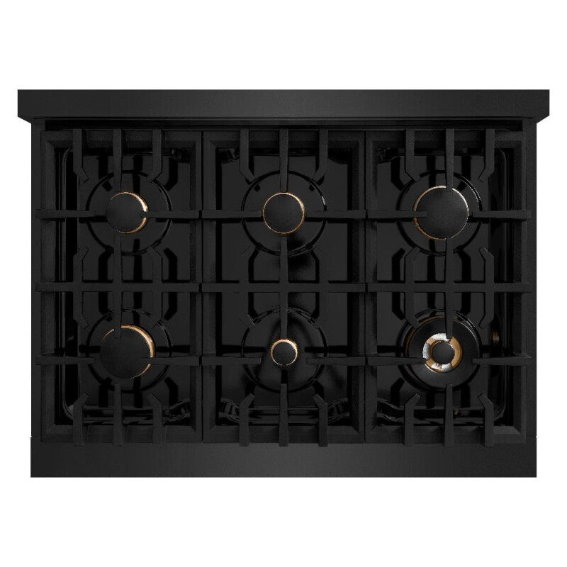 ZLINE Autograph Edition 36 in. 5.2 cu. ft. Classic Dual Fuel Range with 6 Burner Gas Cooktop and Electric Convection Oven in Black Stainless Steel with Champagne Bronze Accents (CDRBZ-36-CB) - (CDRBZ36CB) -