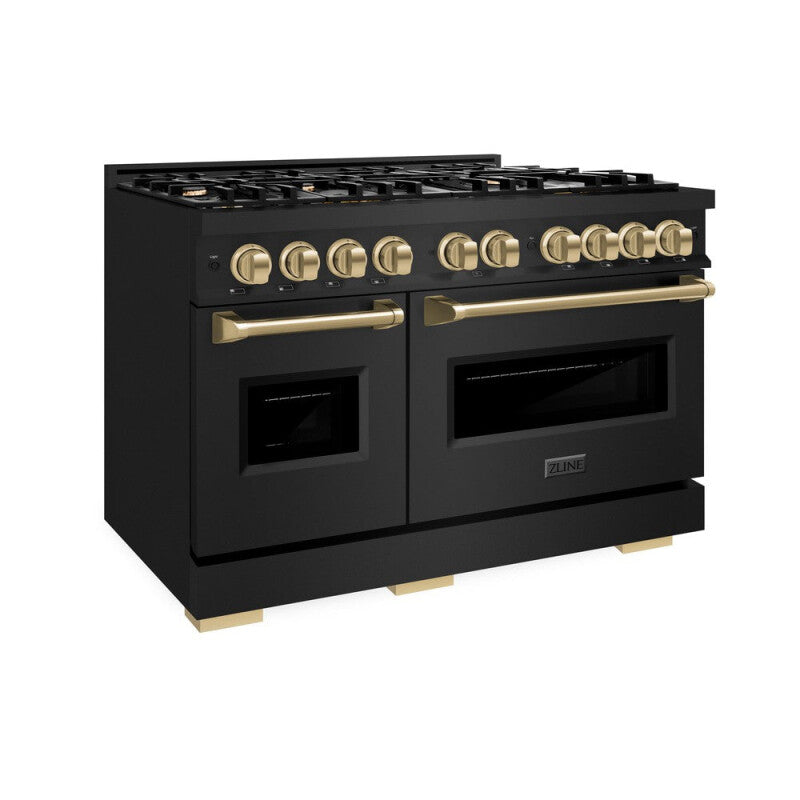 ZLINE Autograph Edition 48 in. 6.7 cu. ft. Classic Double Oven Dual Fuel Range with 8 Burner Gas Cooktop in Black Stainless Steel and Champagne Bronze Accents (CDRBZ-48-CB) - (CDRBZ48CB) -