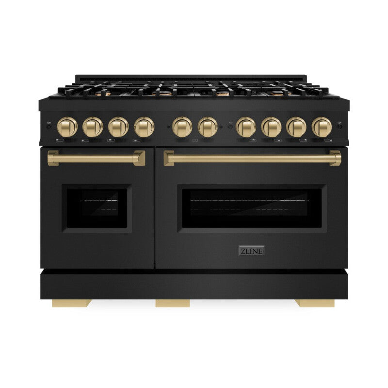 ZLINE Autograph Edition 48 in. 6.7 cu. ft. Classic Double Oven Dual Fuel Range with 8 Burner Gas Cooktop in Black Stainless Steel and Champagne Bronze Accents (CDRBZ-48-CB) - (CDRBZ48CB) -