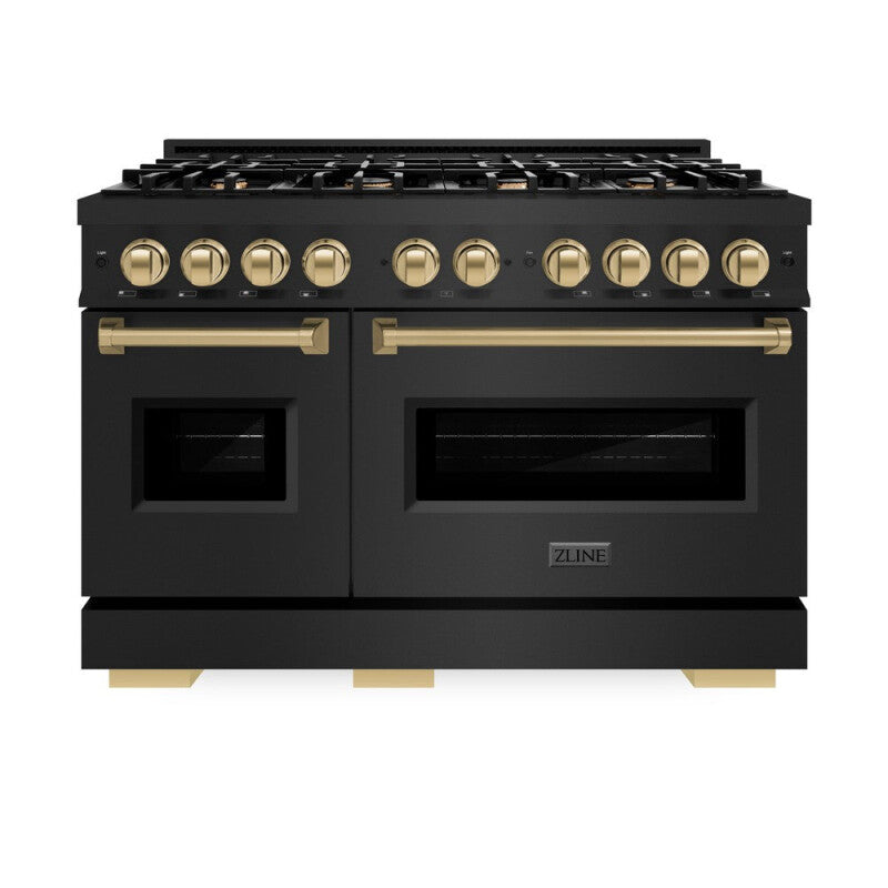 ZLINE Autograph Edition 48 in. 6.7 cu. ft. Classic Double Oven Dual Fuel Range with 8 Burner Gas Cooktop in Black Stainless Steel and Champagne Bronze Accents (CDRBZ-48-CB) - (CDRBZ48CB) -