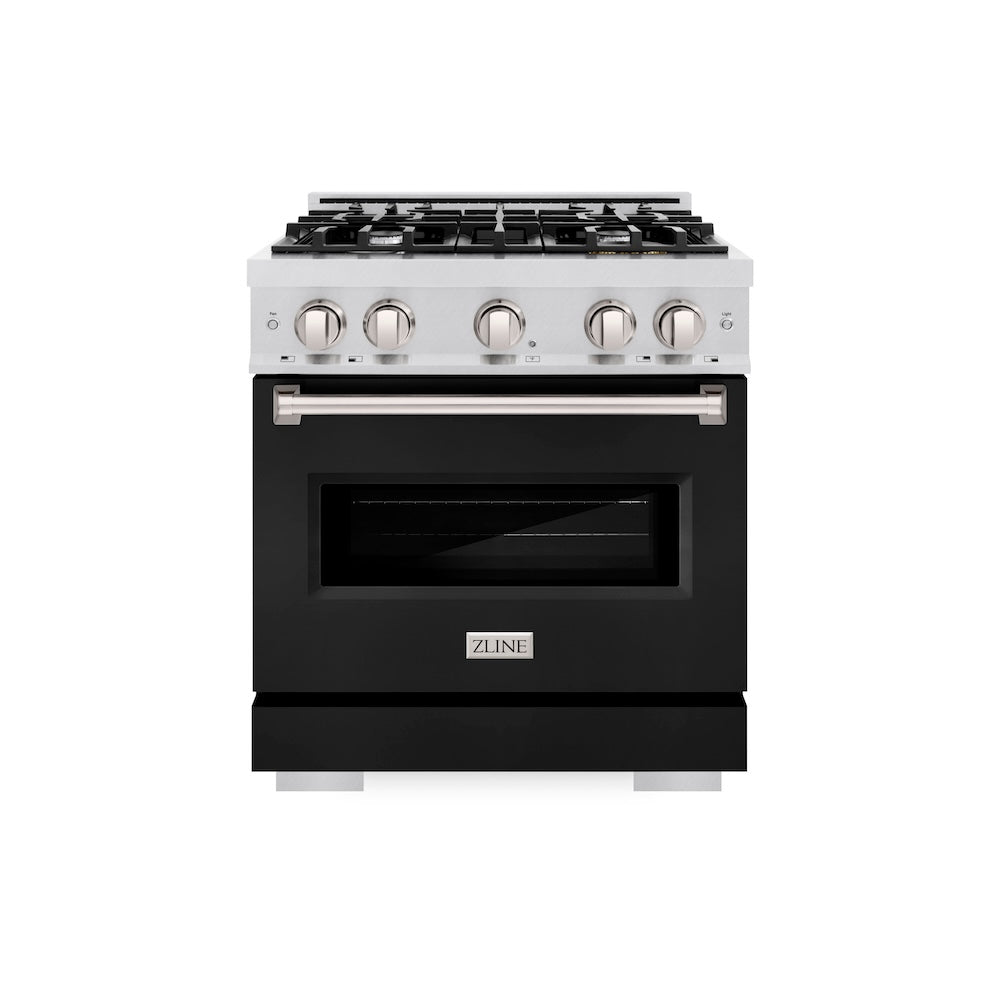 ZLINE 30 in. 4.2 cu. ft. Classic Dual Fuel Range with 4 Burner Gas Cooktop and Electric Convection Oven in DuraSnow® Stainless Steel with Black Matte Door (CDRS-BLM-30) - (CDRSBLM30) -