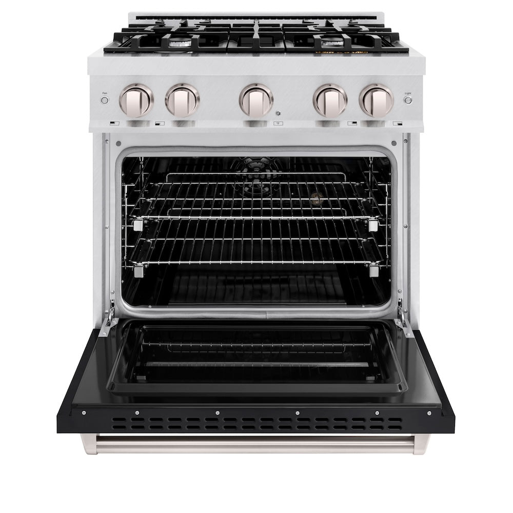 ZLINE 30 in. 4.2 cu. ft. Classic Dual Fuel Range with 4 Burner Gas Cooktop and Electric Convection Oven in DuraSnow® Stainless Steel with Black Matte Door (CDRS-BLM-30) - (CDRSBLM30) -