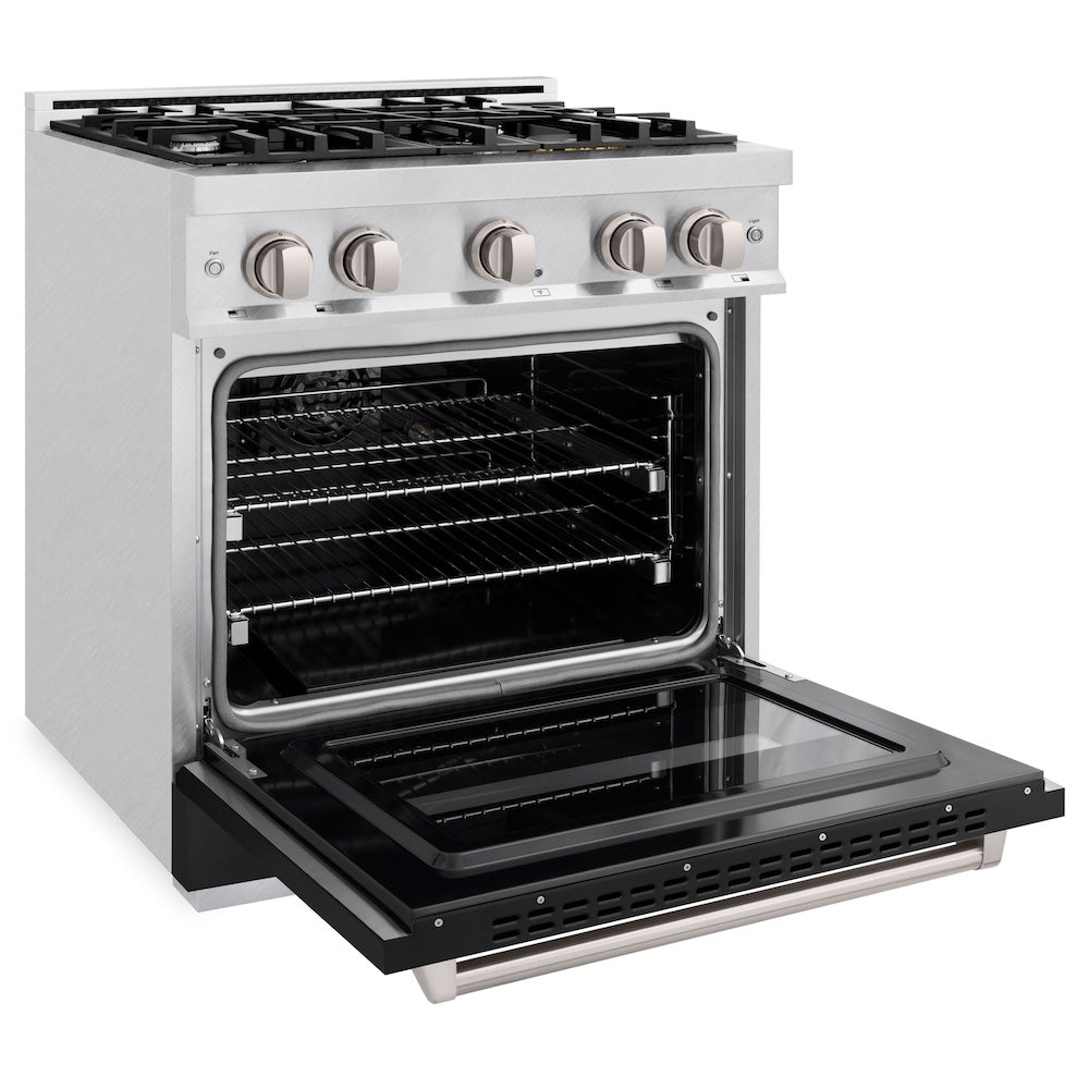ZLINE 30 in. 4.2 cu. ft. Classic Dual Fuel Range with 4 Burner Gas Cooktop and Electric Convection Oven in DuraSnow® Stainless Steel with Black Matte Door (CDRS-BLM-30) - (CDRSBLM30) -