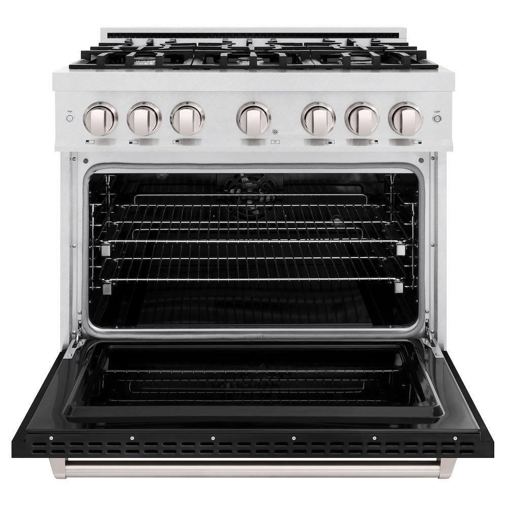 ZLINE 36 in. 5.2 cu. ft. Classic Dual Fuel Range with 6 Burner Gas Cooktop and Electric Convection Oven in DuraSnow® Stainless Steel with Black Matte Door (CDRS-BLM-36) - (CDRSBLM36) -