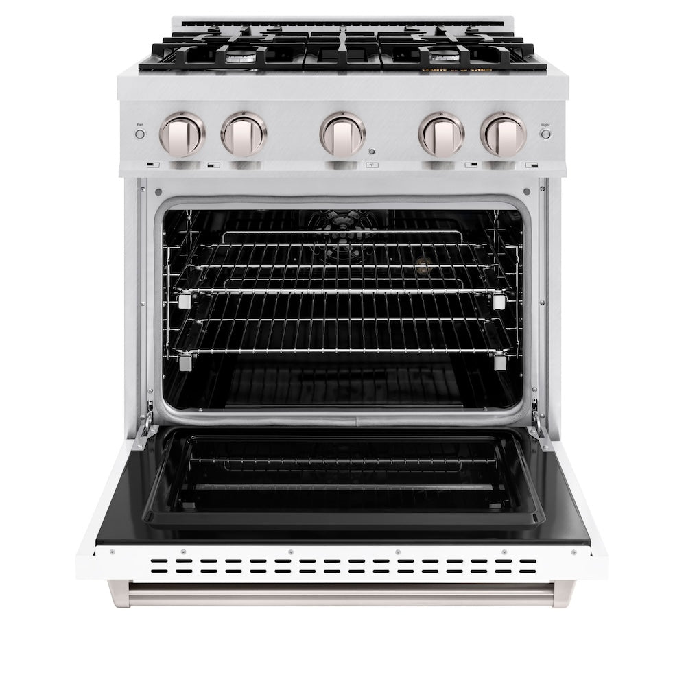 ZLINE 30 in. 4.2 cu. ft. Classic Dual Fuel Range with 4 Burner Gas Cooktop and Electric Convection Oven in DuraSnow® Stainless Steel with White Matte Door (CDRS-WM-30) - (CDRSWM30) -