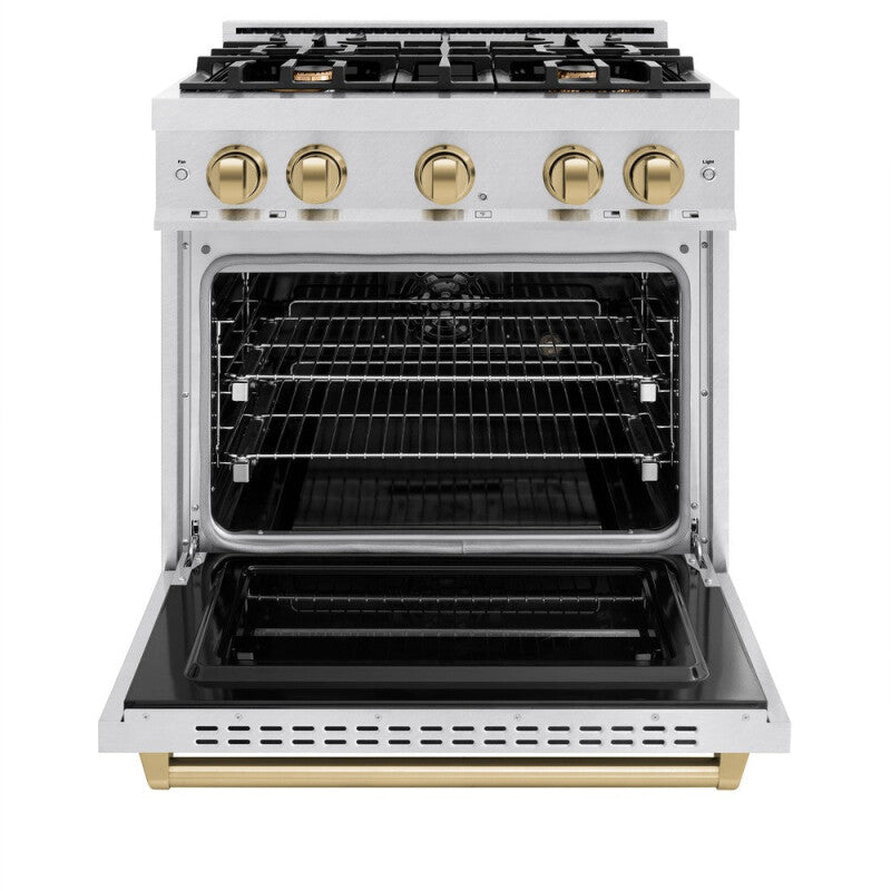ZLINE Autograph Edition 30 in. 4.2 cu. ft. Classic Dual Fuel Range with 4 Burner Gas Cooktop and Electric Convection Oven in DuraSnow® Stainless Steel with Champagne Bronze Accents (CDRSZ-30-CB) - (CDRSZ30CB) -