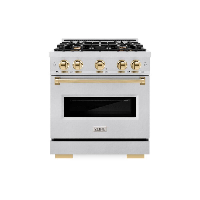 ZLINE Autograph Edition 30 in. 4.2 cu. ft. Classic Dual Fuel Range with 4 Burner Gas Cooktop and Electric Convection Oven in DuraSnow® Stainless Steel with Polished Gold Accents (CDRSZ-30-G) - (CDRSZ30G) -