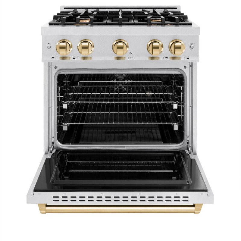 ZLINE Autograph Edition 30 in. 4.2 cu. ft. Classic Dual Fuel Range with 4 Burner Gas Cooktop and Electric Convection Oven in DuraSnow® Stainless Steel with Polished Gold Accents (CDRSZ-30-G) - (CDRSZ30G) -