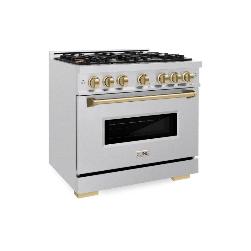 ZLINE Autograph Edition 36 in. 5.2 cu. ft. Classic Dual Fuel Range with 6 Burner Gas Cooktop and Electric Convection Oven in DuraSnow® Stainless Steel with Champagne Bronze Accents (CDRSZ-36-CB) - (CDRSZ36CB) -