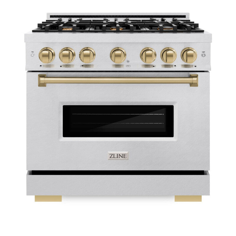 ZLINE Autograph Edition 36 in. 5.2 cu. ft. Classic Dual Fuel Range with 6 Burner Gas Cooktop and Electric Convection Oven in DuraSnow® Stainless Steel with Champagne Bronze Accents (CDRSZ-36-CB) - (CDRSZ36CB) -