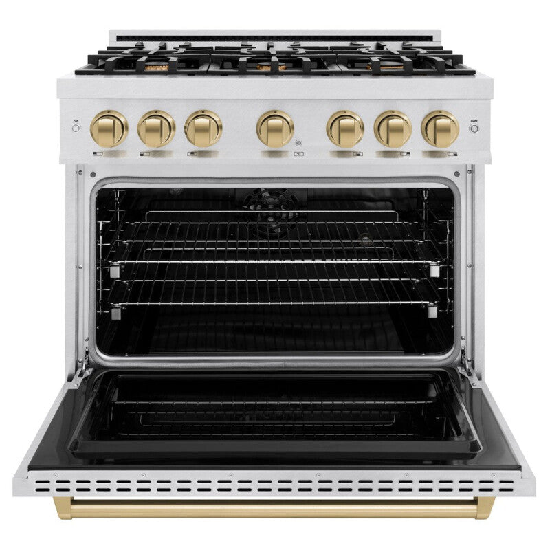 ZLINE Autograph Edition 36 in. 5.2 cu. ft. Classic Dual Fuel Range with 6 Burner Gas Cooktop and Electric Convection Oven in DuraSnow® Stainless Steel with Champagne Bronze Accents (CDRSZ-36-CB) - (CDRSZ36CB) -