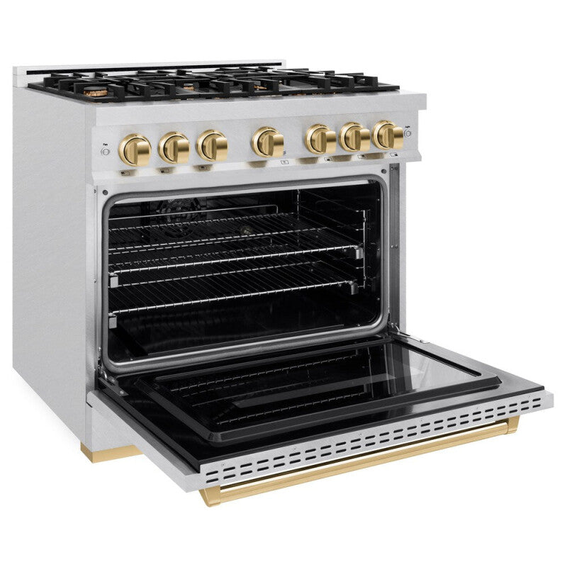 ZLINE Autograph Edition 36 in. 5.2 cu. ft. Classic Dual Fuel Range with 6 Burner Gas Cooktop and Electric Convection Oven in DuraSnow® Stainless Steel with Polished Gold Accents (CDRSZ-36-G) - (CDRSZ36G) -