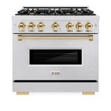 ZLINE Autograph Edition 36 in. 5.2 cu. ft. Classic Dual Fuel Range with 6 Burner Gas Cooktop and Electric Convection Oven in DuraSnow® Stainless Steel with Polished Gold Accents (CDRSZ-36-G) - (CDRSZ36G) -