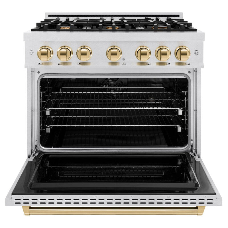 ZLINE Autograph Edition 36 in. 5.2 cu. ft. Classic Dual Fuel Range with 6 Burner Gas Cooktop and Electric Convection Oven in DuraSnow® Stainless Steel with Polished Gold Accents (CDRSZ-36-G) - (CDRSZ36G) -