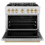 ZLINE Autograph Edition 36 in. 5.2 cu. ft. Classic Dual Fuel Range with 6 Burner Gas Cooktop and Electric Convection Oven in DuraSnow® Stainless Steel with Polished Gold Accents (CDRSZ-36-G) - (CDRSZ36G) -