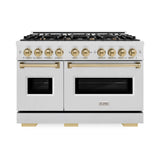 ZLINE Autograph Edition 48 in. 6.7 cu. ft. Classic Double Oven Dual Fuel Range with 8 Burner Gas Cooktop in DuraSnow® Stainless Steel and Champagne Bronze Accents (CDRSZ-48-CB) - (CDRSZ48CB) -