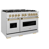 ZLINE Autograph Edition 48 in. 6.7 cu. ft. Classic Double Oven Dual Fuel Range with 8 Burner Gas Cooktop in DuraSnow® Stainless Steel and Champagne Bronze Accents (CDRSZ-48-CB) - (CDRSZ48CB) -