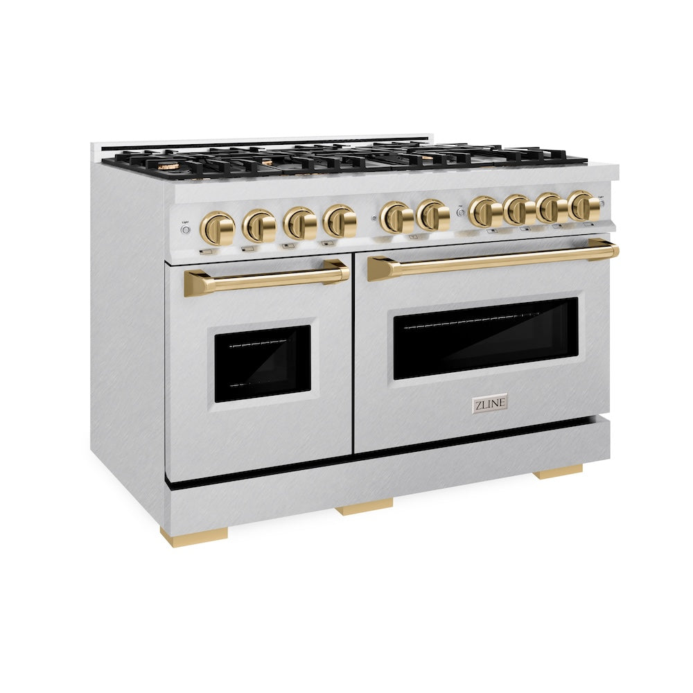 ZLINE Autograph Edition 48 in. 6.7 cu. ft. Classic Double Oven Dual Fuel Range with 8 Burner Gas Cooktop in DuraSnow® Stainless Steel and Polished Gold Accents (CDRSZ-48-G) - (CDRSZ48G) -