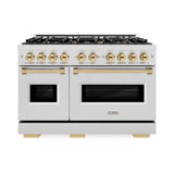 ZLINE Autograph Edition 48 in. 6.7 cu. ft. Classic Double Oven Dual Fuel Range with 8 Burner Gas Cooktop in DuraSnow® Stainless Steel and Polished Gold Accents (CDRSZ-48-G) - (CDRSZ48G) -