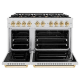 ZLINE Autograph Edition 48 in. 6.7 cu. ft. Classic Double Oven Dual Fuel Range with 8 Burner Gas Cooktop in DuraSnow® Stainless Steel and Polished Gold Accents (CDRSZ-48-G) - (CDRSZ48G) -