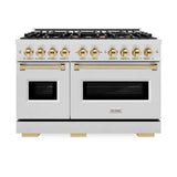 ZLINE Autograph Edition 48 in. 6.7 cu. ft. Classic Double Oven Dual Fuel Range with 8 Burner Gas Cooktop in DuraSnow® Stainless Steel and Polished Gold Accents (CDRSZ-48-G) - (CDRSZ48G) -