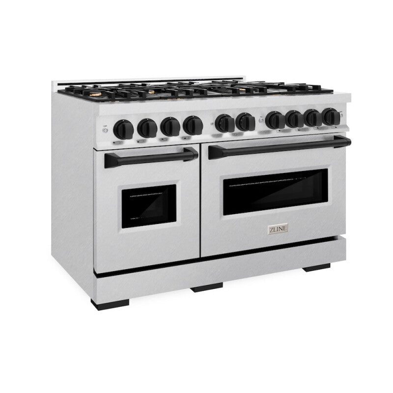 ZLINE Autograph Edition 48 in. 6.7 cu. ft. Classic Double Oven Dual Fuel Range with 8 Burner Gas Cooktop in DuraSnow® Stainless Steel and Matte Black Accents (CDRSZ-48-MB) - (CDRSZ48MB) -