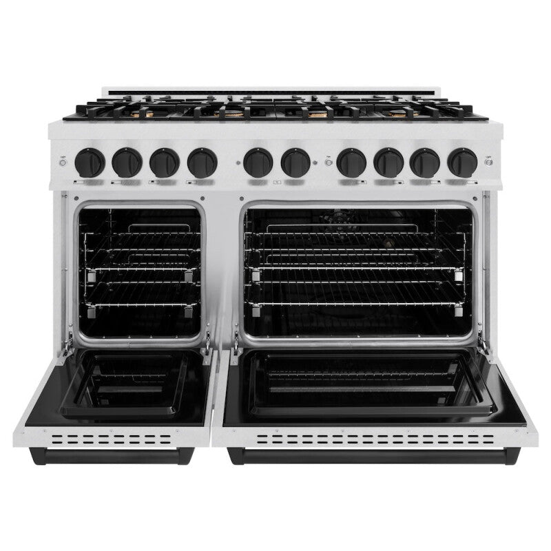 ZLINE Autograph Edition 48 in. 6.7 cu. ft. Classic Double Oven Dual Fuel Range with 8 Burner Gas Cooktop in DuraSnow® Stainless Steel and Matte Black Accents (CDRSZ-48-MB) - (CDRSZ48MB) -