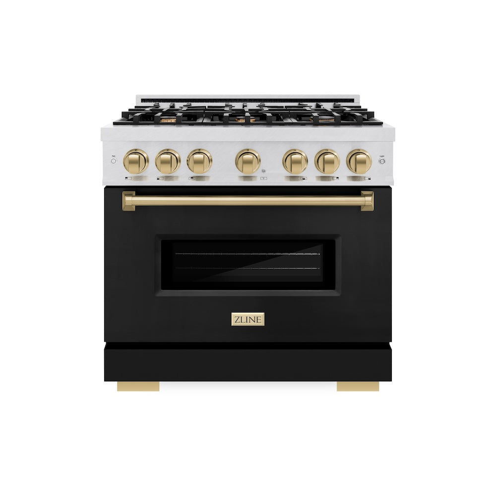 ZLINE Autograph Edition 36 in. 5.2 cu. ft. Classic Dual Fuel Range with 6 Burner Gas Cooktop and Electric Convection Oven in DuraSnow® Stainless Steel with Black Matte Door and Champagne Bronze Accents (CDRSZ-BLM-36-CB) - (CDRSZBLM36CB) -