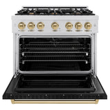 ZLINE Autograph Edition 36 in. 5.2 cu. ft. Classic Dual Fuel Range with 6 Burner Gas Cooktop and Electric Convection Oven in DuraSnow® Stainless Steel with Black Matte Door and Champagne Bronze Accents (CDRSZ-BLM-36-CB) - (CDRSZBLM36CB) -